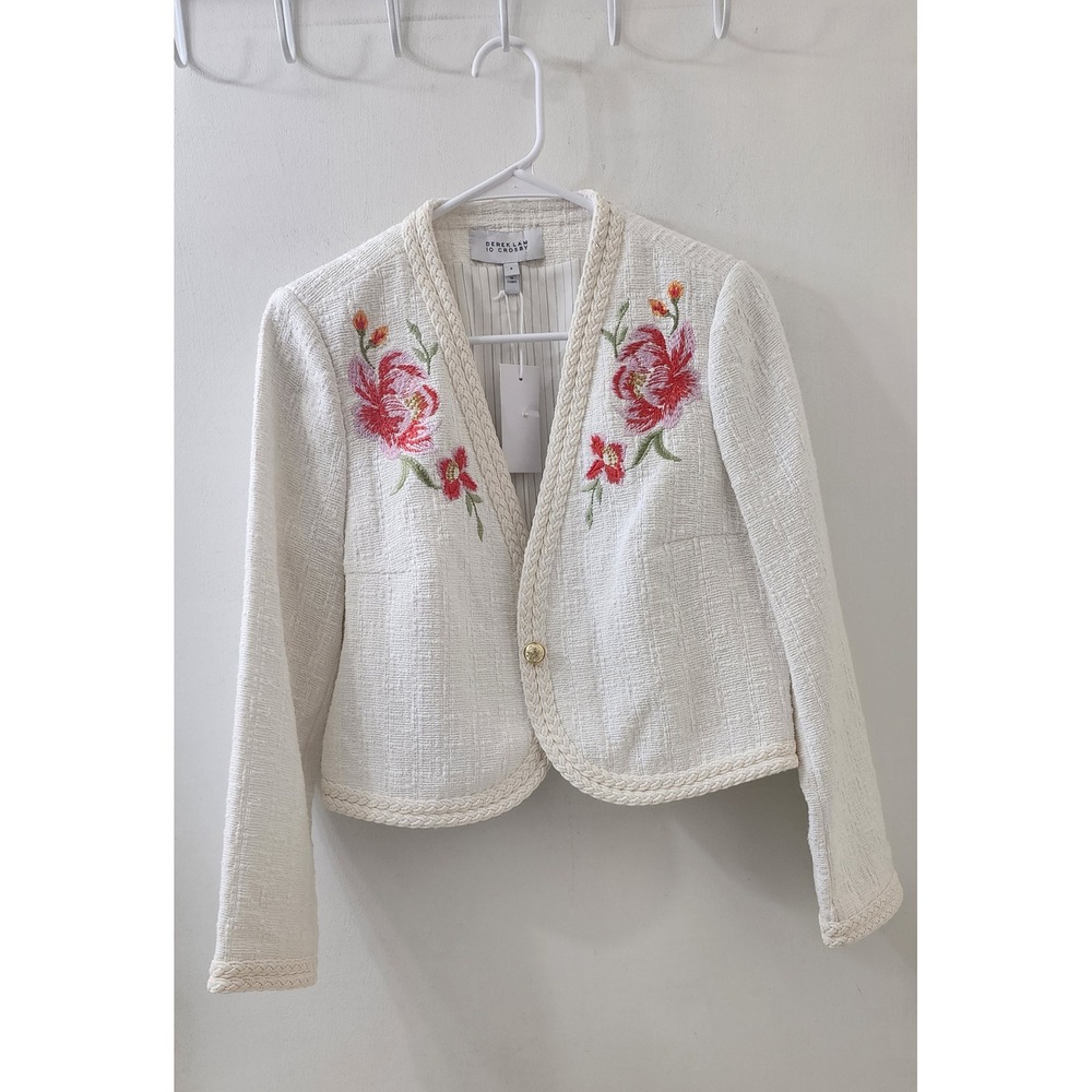 Derek Lam 10 Crosby White Floral Embroidered Tweed Jacket Braided Trim 8